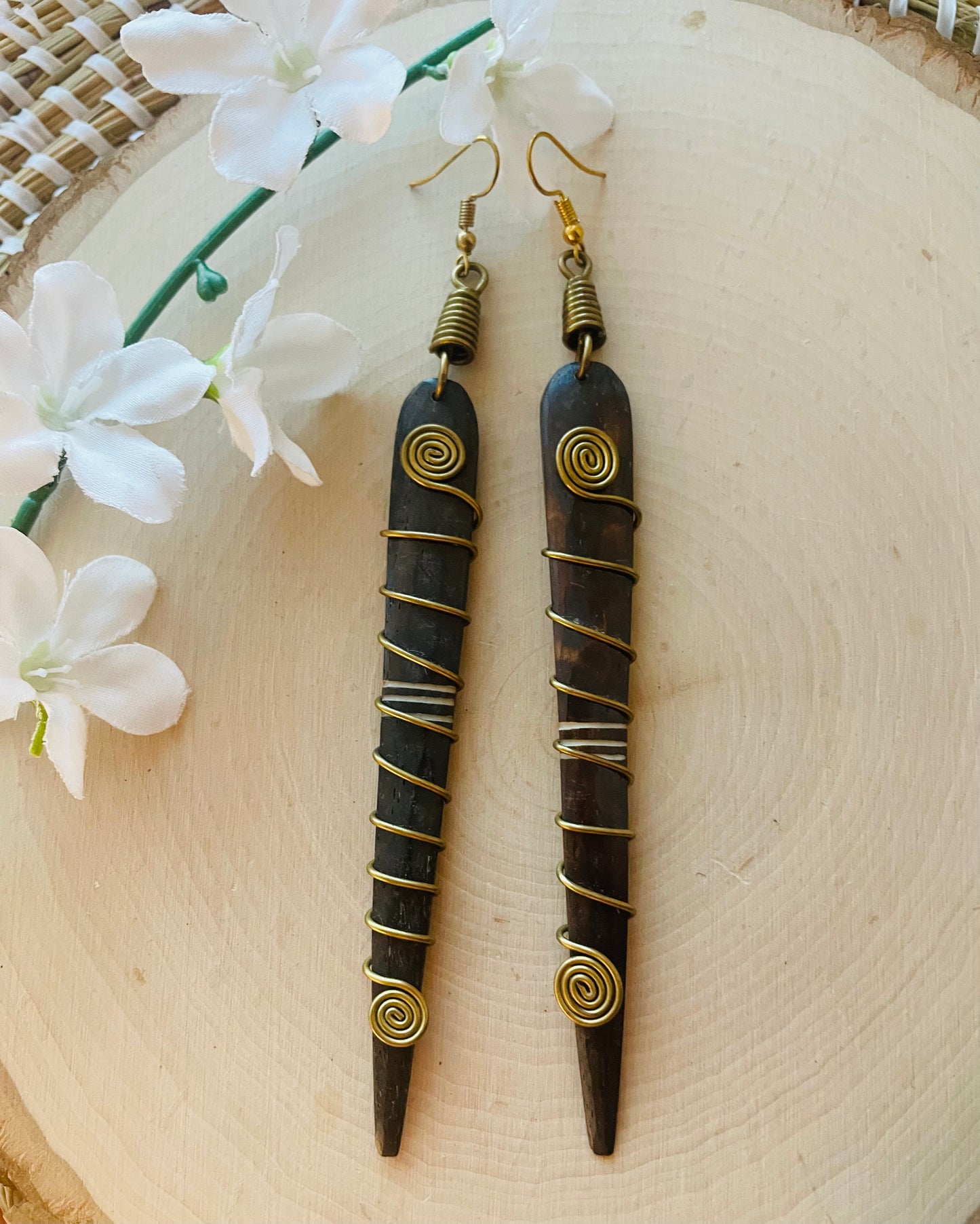 Long wooden Brass Earrings