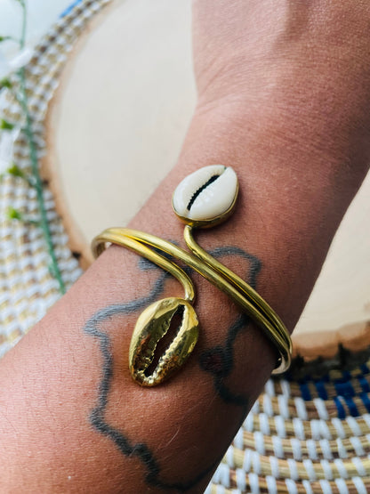 Two Toned Double Cowrie  Brass 3/4 Bracelet