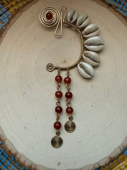 Red Beaded Cowrie Drop Ear Cuff