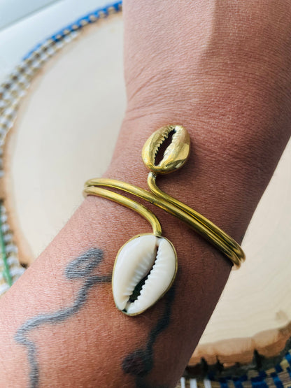 Two Toned Double Cowrie  Brass 3/4 Bracelet