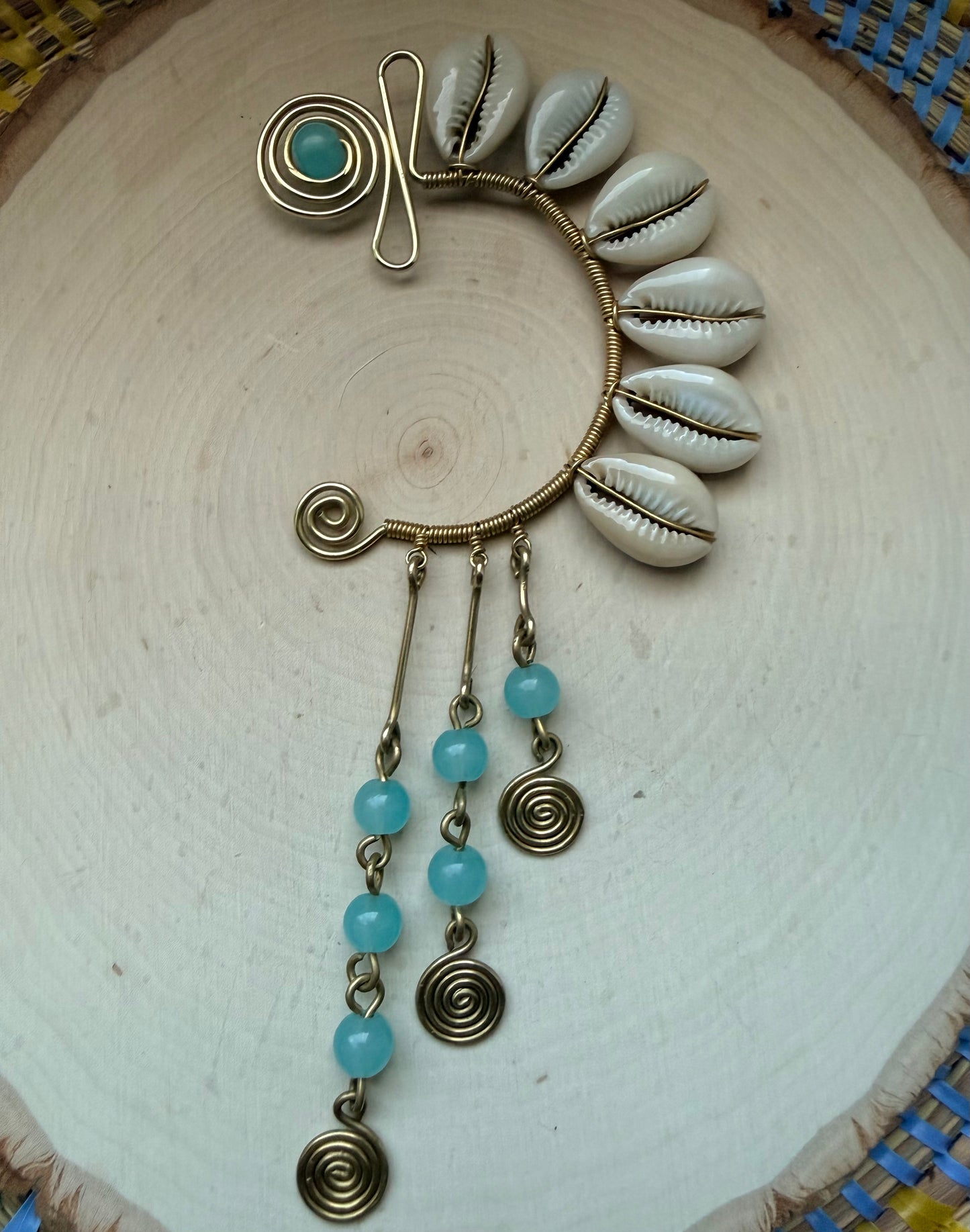 Blue Beaded Cowrie Drop Ear Cuff