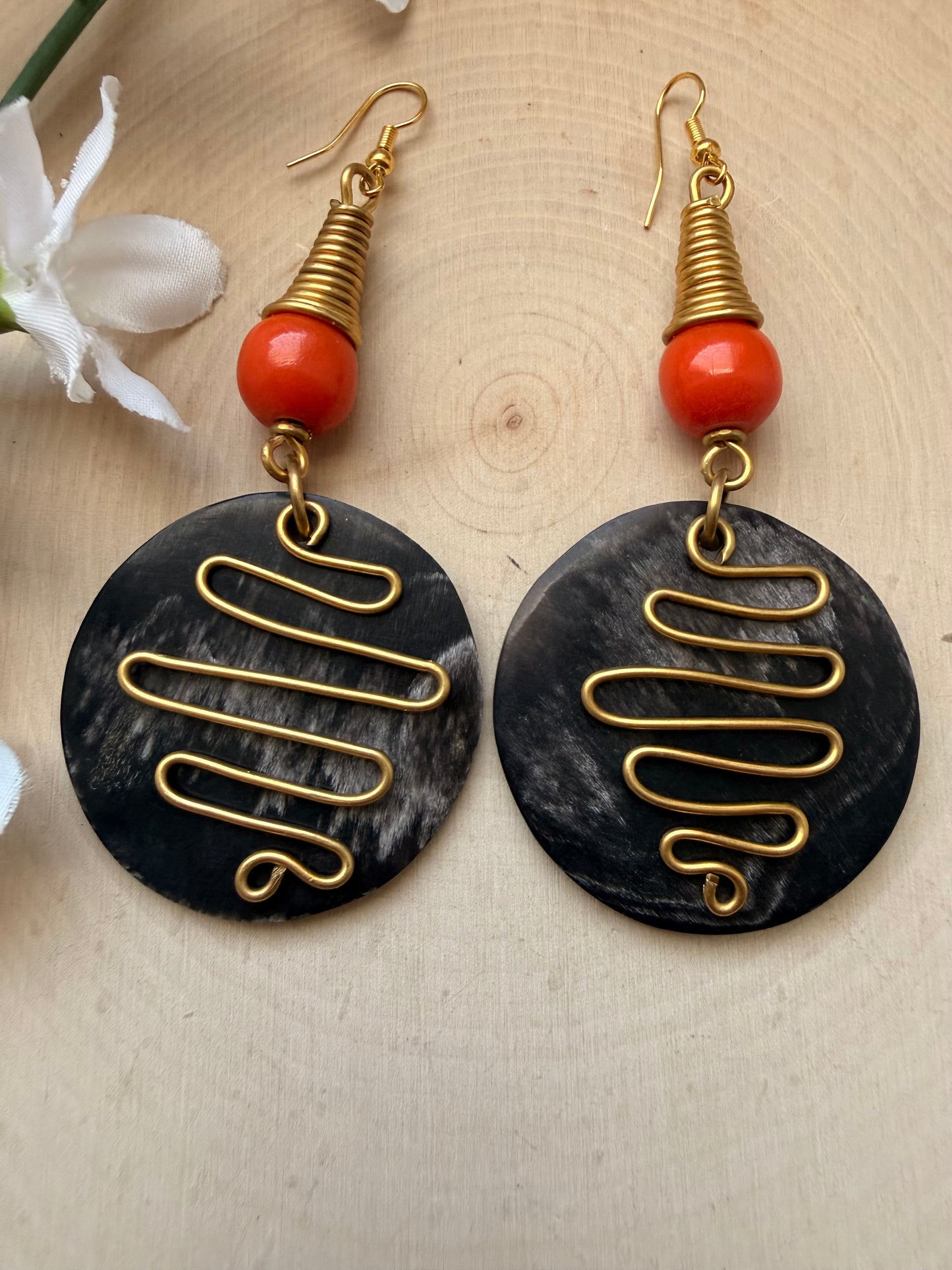 Beaded Orange Moon Brass Earrings