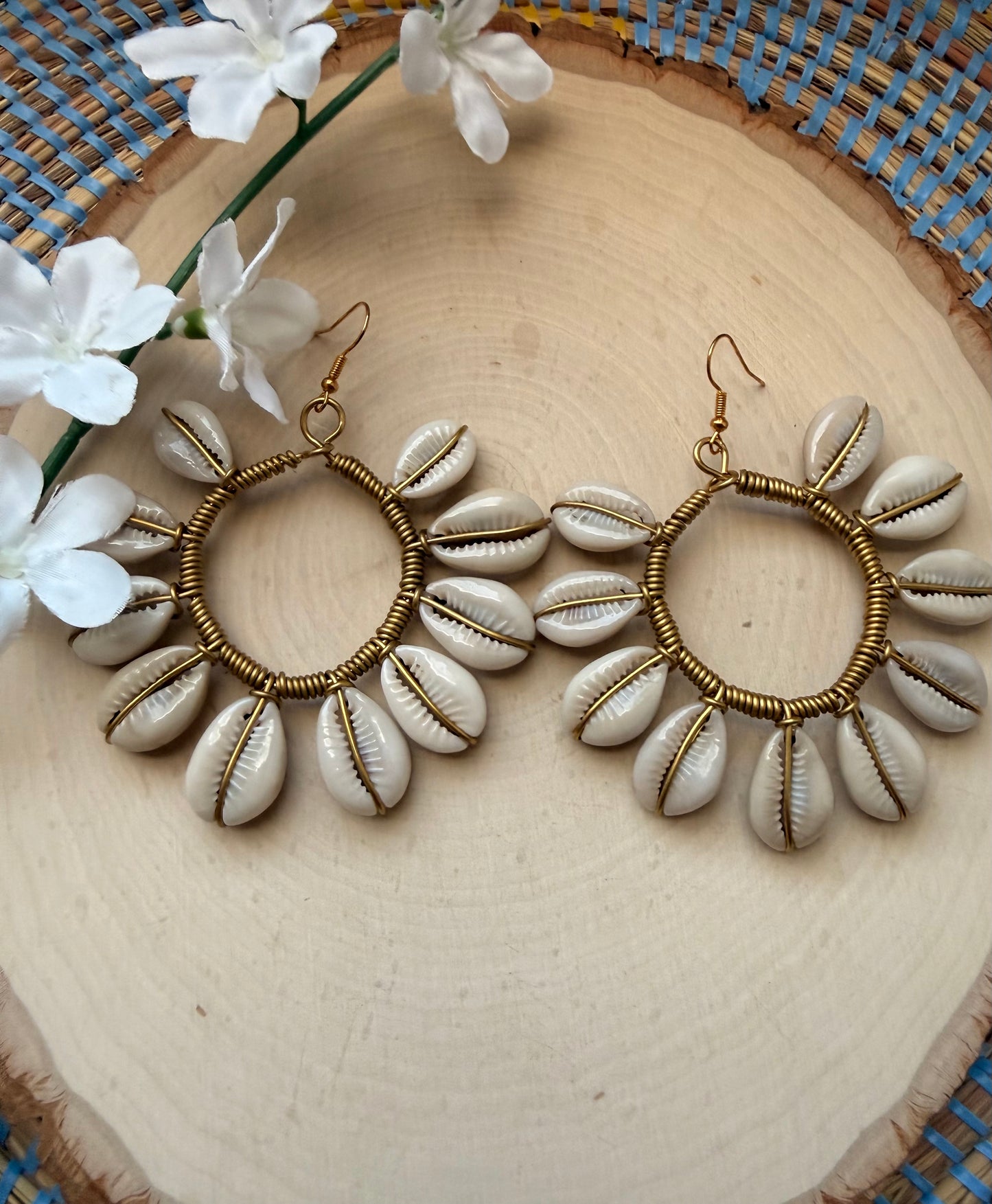 Cowrie Sunflower Brass Earrings