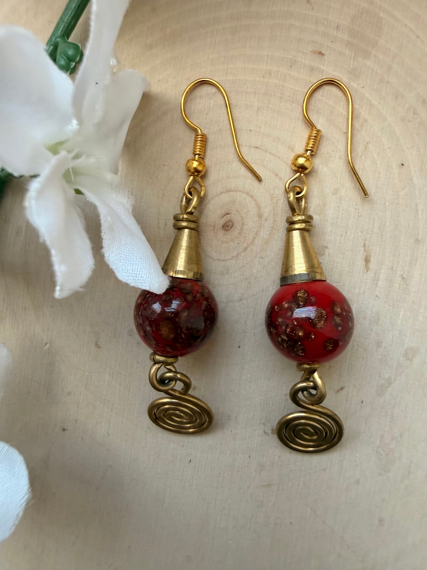 Ruby Red Brass Earrings