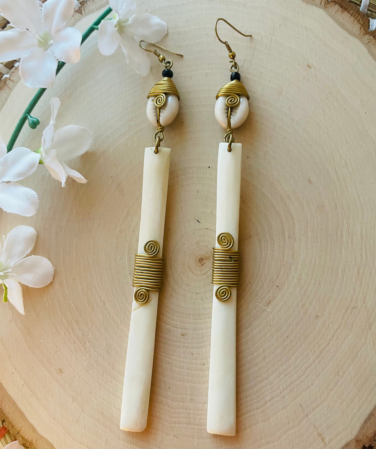 Long white brass Cowrie Earring