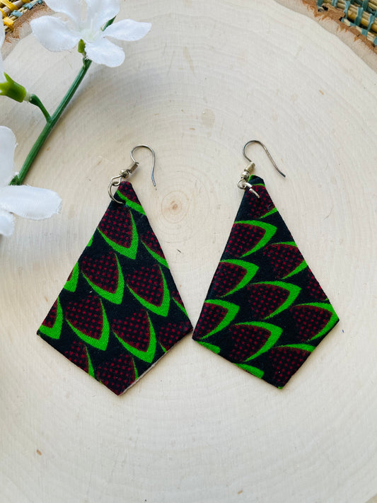 Green burgundy mix  Ankara fabric earrings- clearance