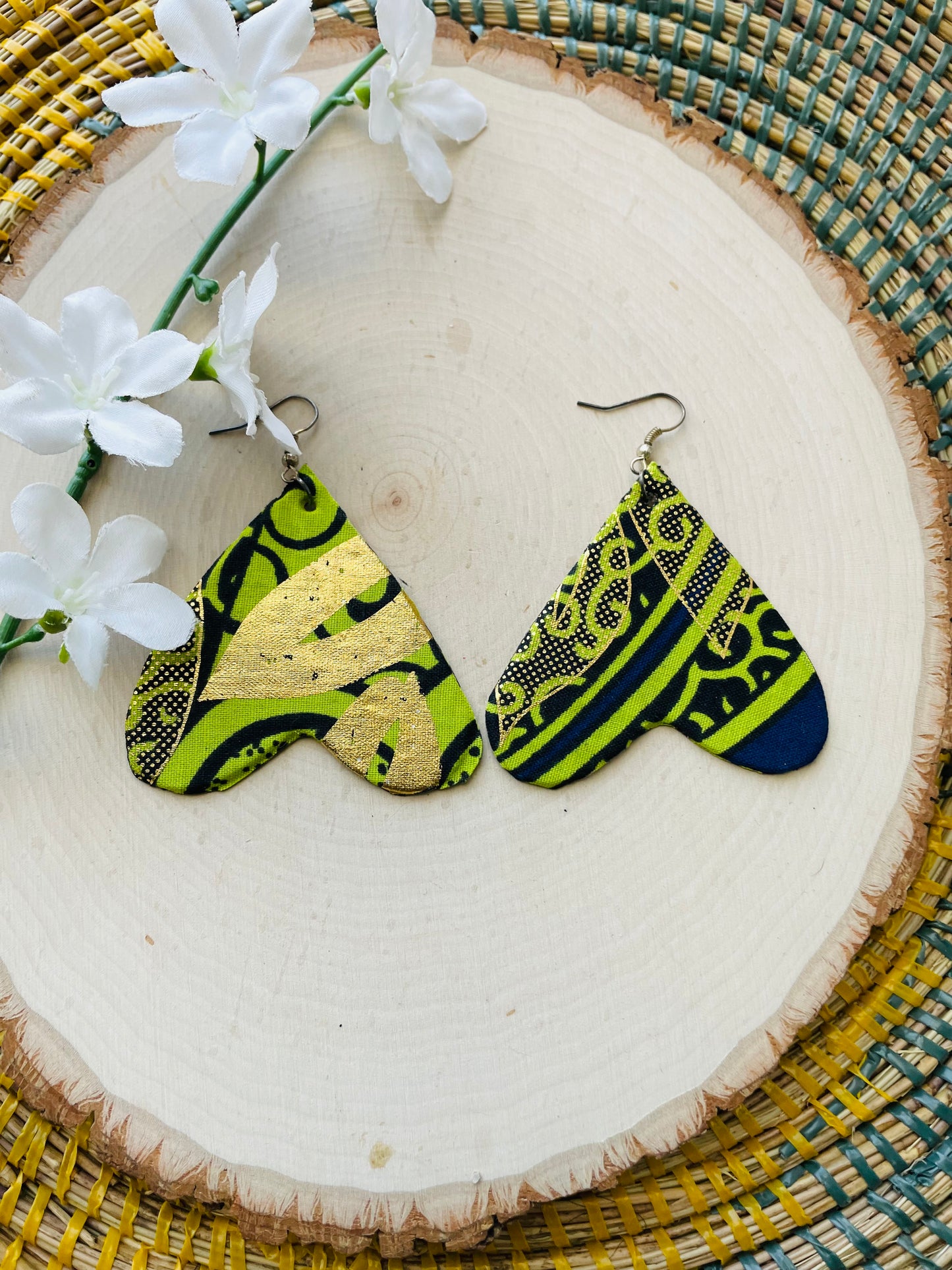 Green mix upside down heart  Ankara fabric earrings- clearance