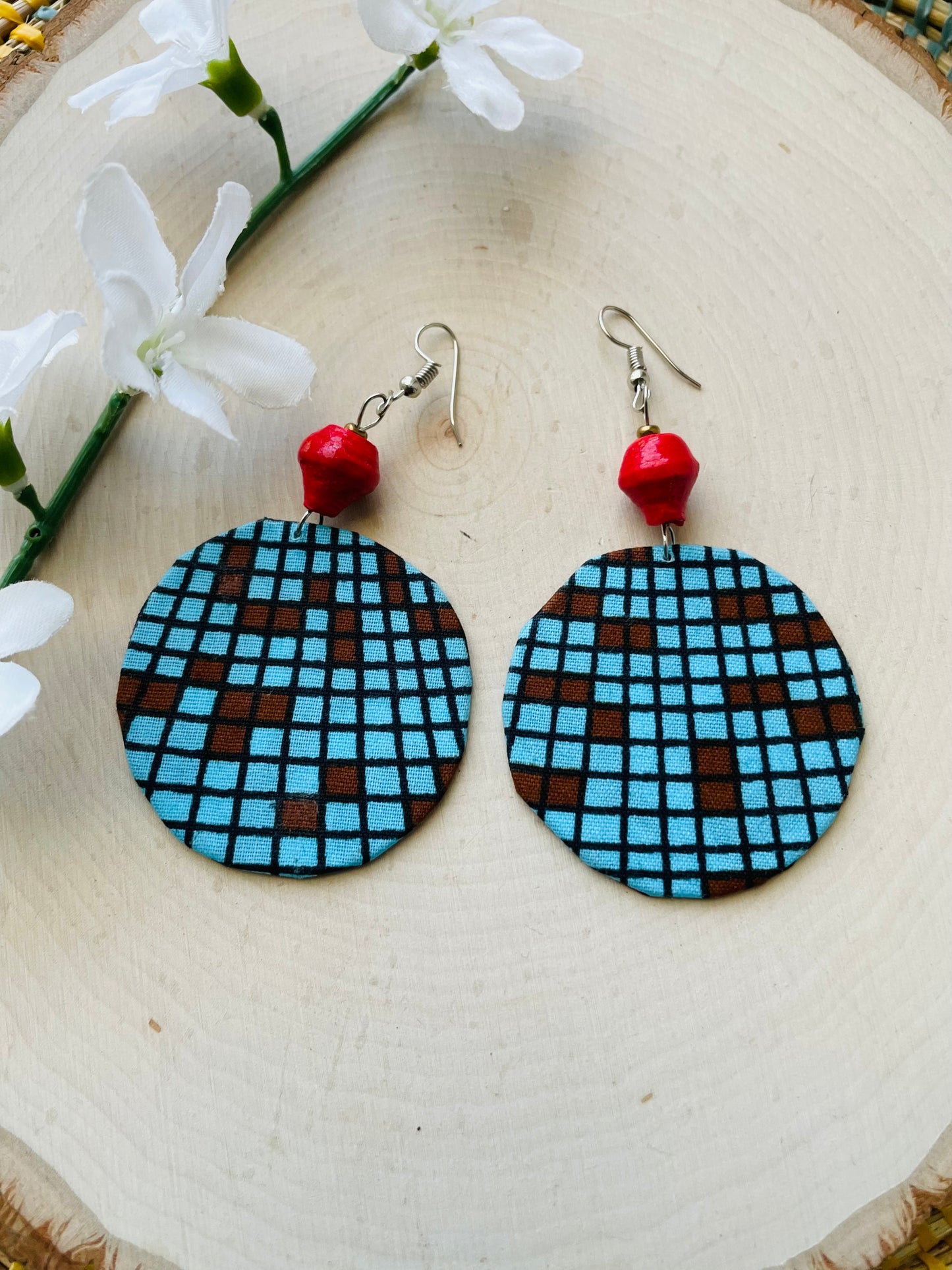 Red bead Ankara fabric earrings- clearance