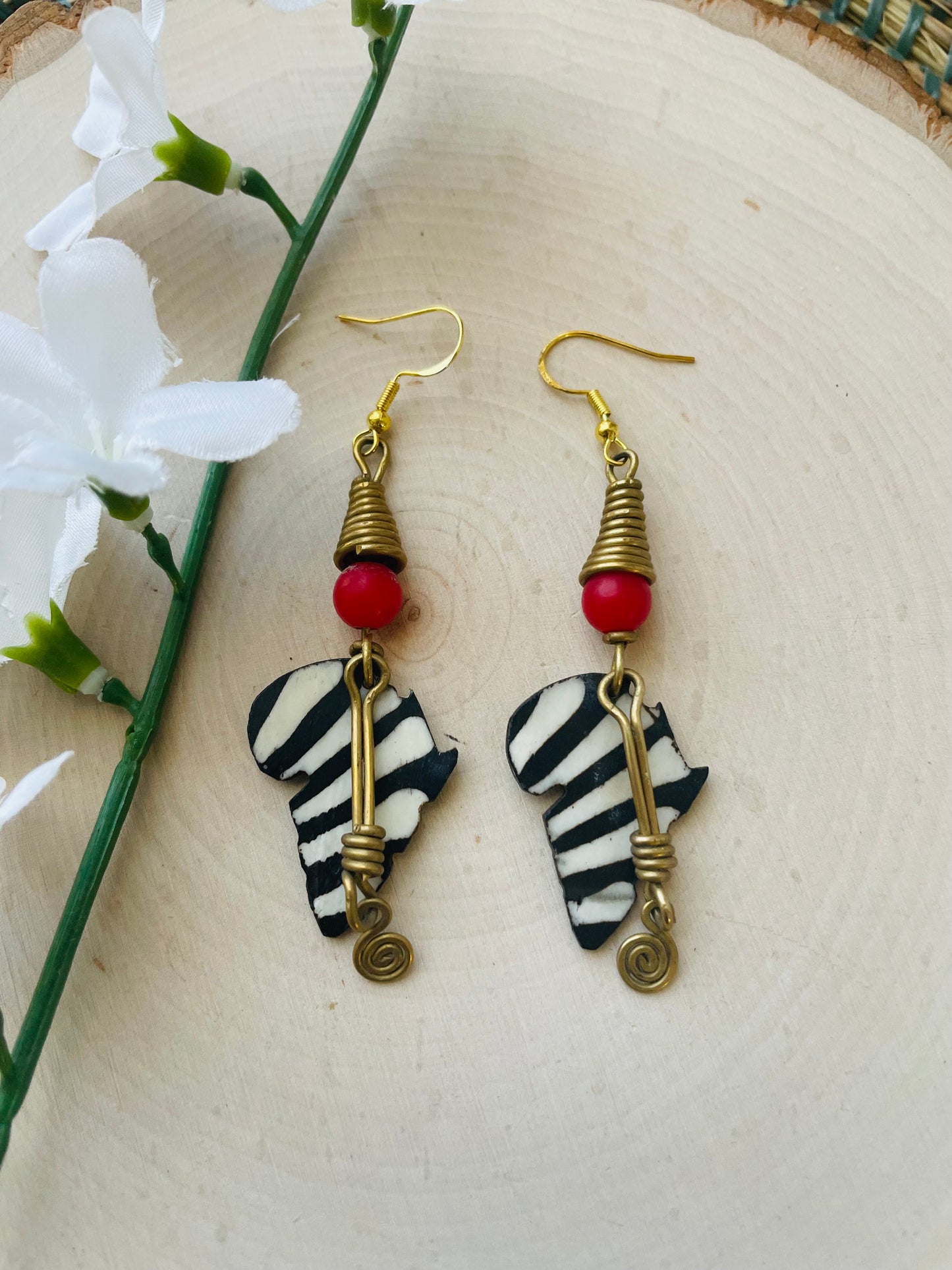 Red beaded Africa Shaped Brass Earrings