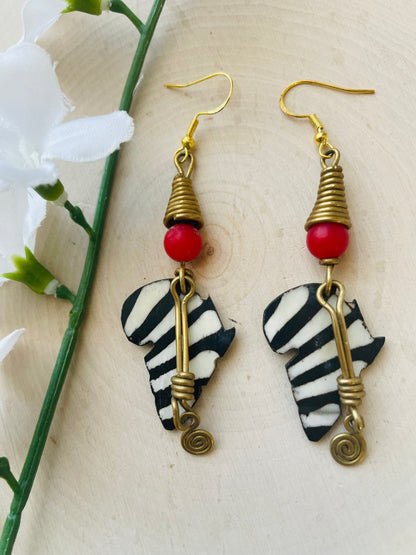 Red beaded Africa Shaped Brass Earrings