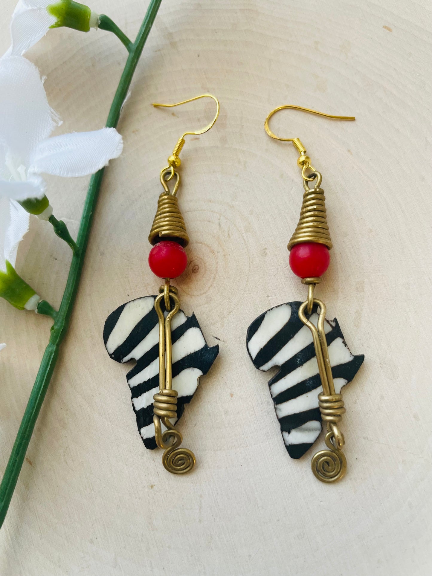 Red beaded Africa Shaped Brass Earrings