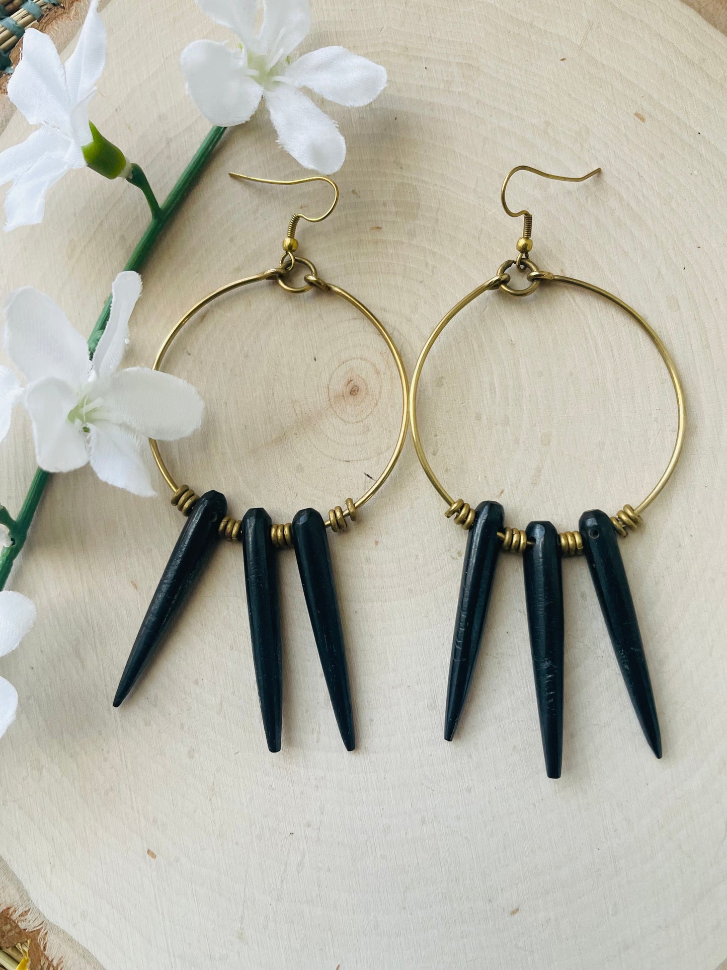 Brass Dream Catcher Spike Earrings- Black