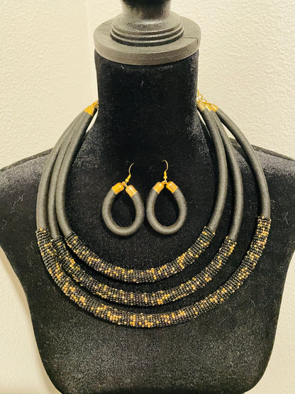 Black and Gold beaded necklace & Earring set