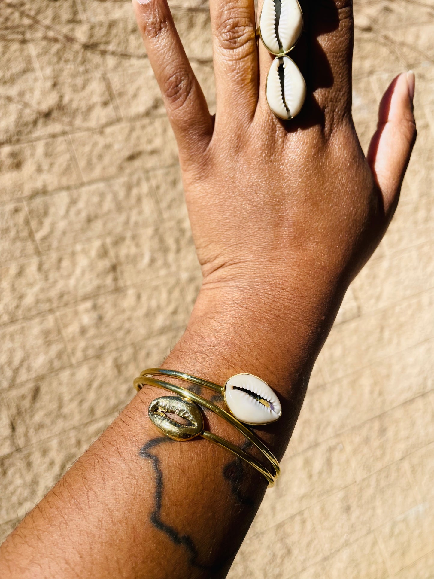 Two Toned Double Cowrie  Brass 3/4 Bracelet