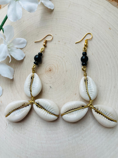 Tri Cowrie Brass Earrings