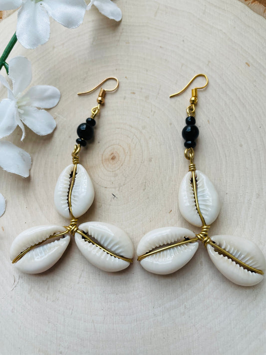 Tri Cowrie Brass Earrings