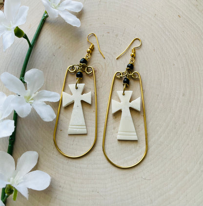 Brass Cross earrings- White