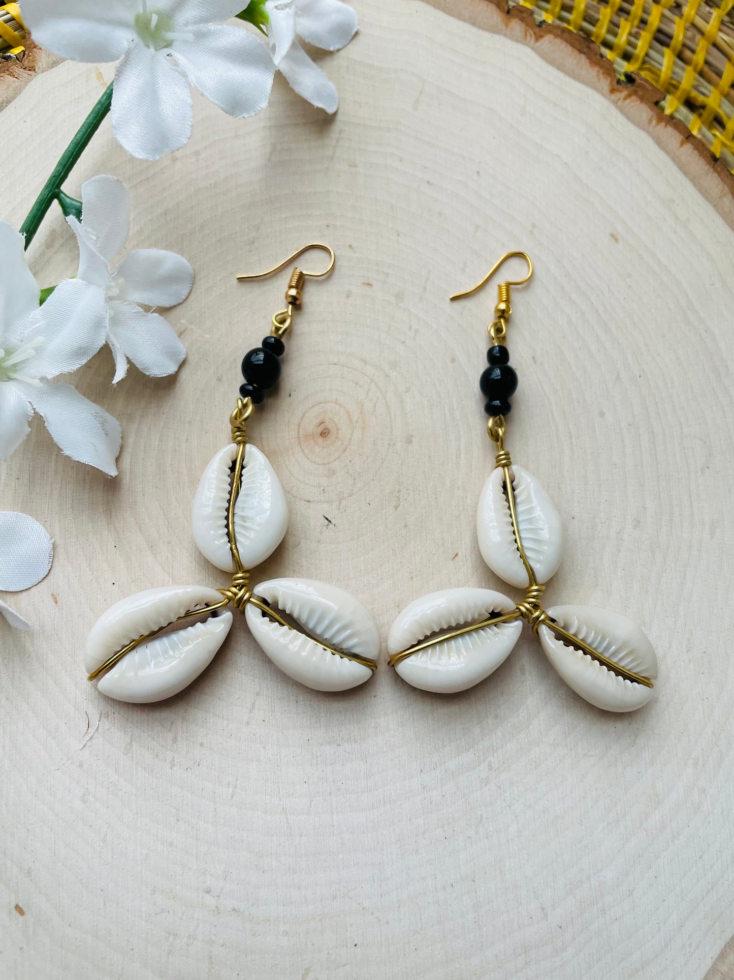 Tri Cowrie Brass Earrings