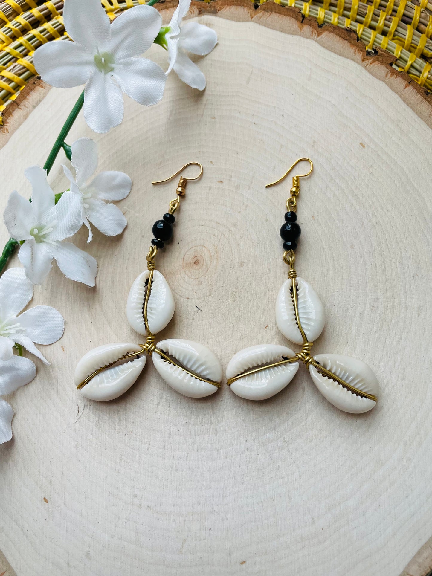 Tri Cowrie Brass Earrings