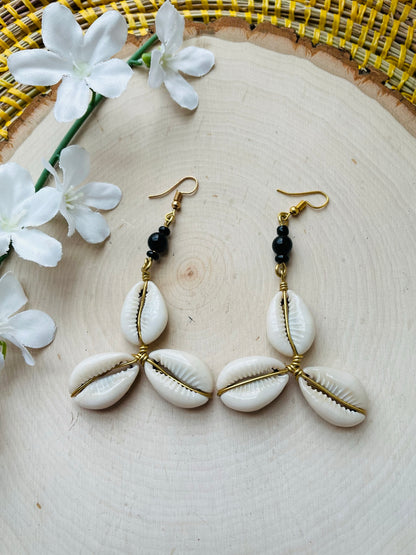 Tri Cowrie Brass Earrings