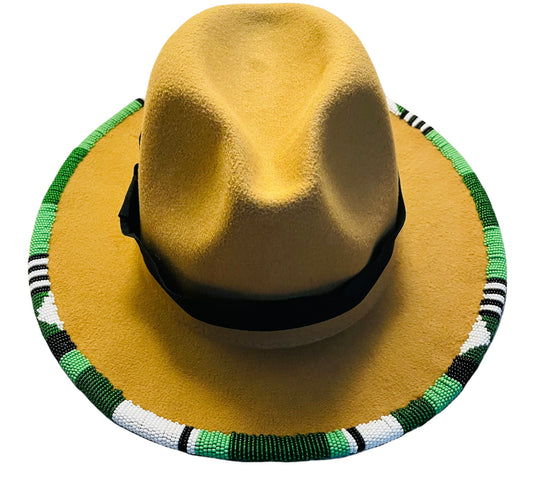 Tan Fedora with green mix beads