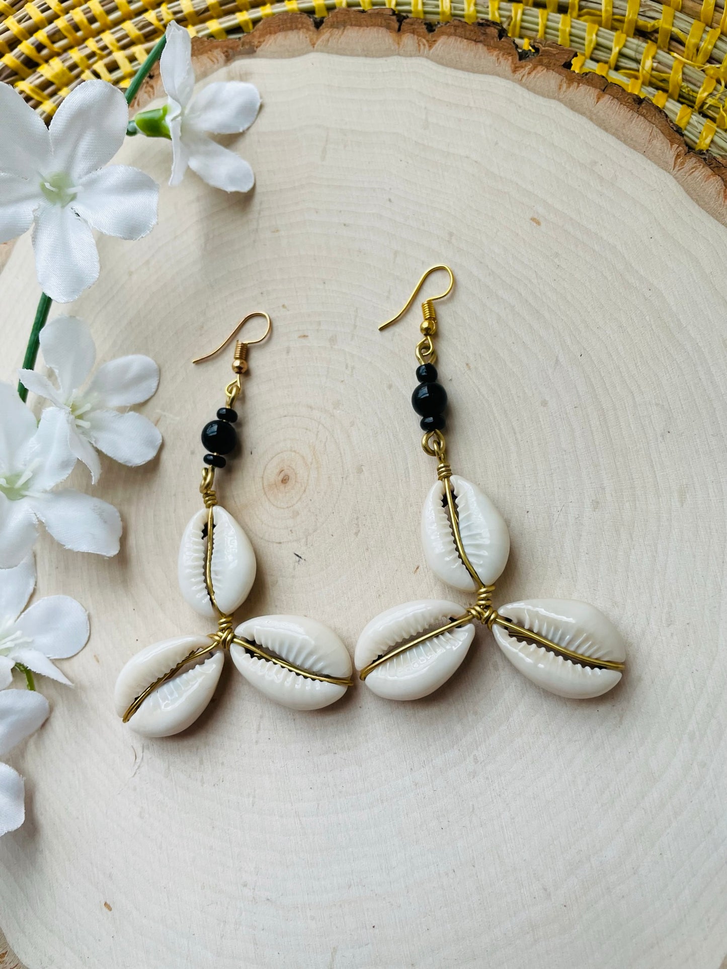 Tri Cowrie Brass Earrings